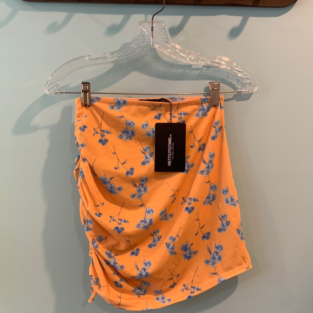 NWT Mustard Printed Jersey Ruched Tie Side Mini Skirt - Picture 2 of 6